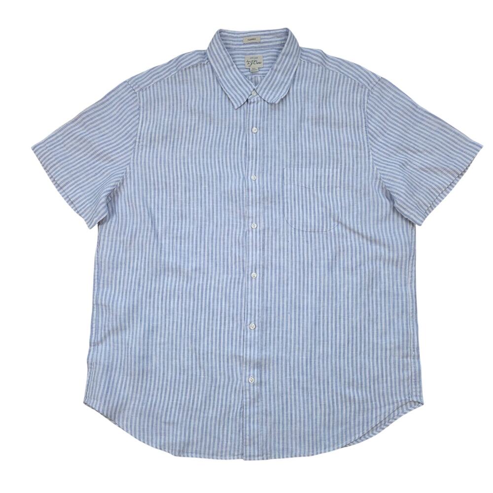 J.Crew Linen Shirt Mens XL Blue White Stripe Short Sleeve Button Up NWT